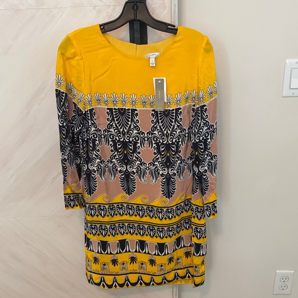 NWT J. Crew Yellow and Navy Patterned Long Sleeve Dress